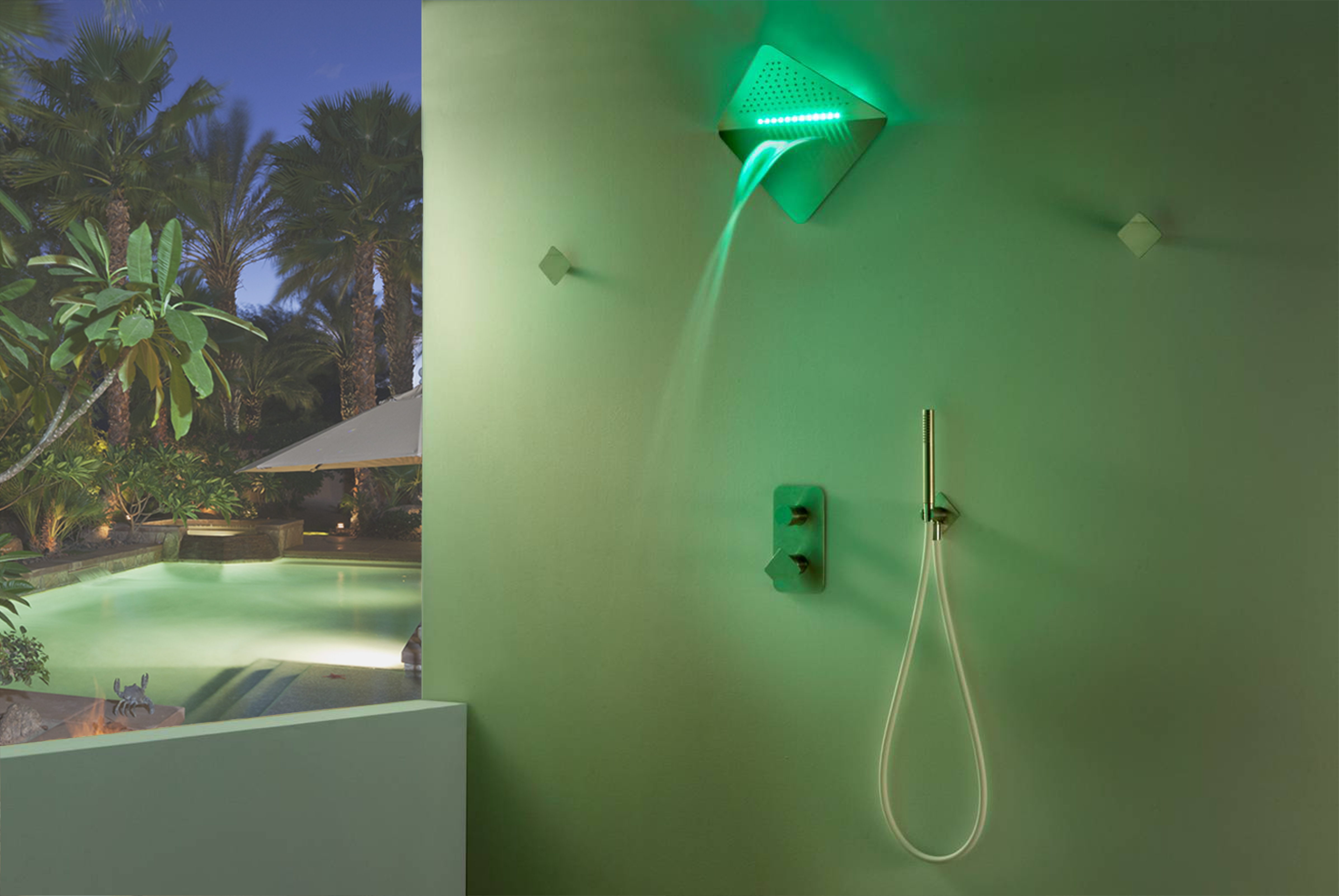soffione doccia Petalo in versione romboidale con cromoterapia (luce verde)