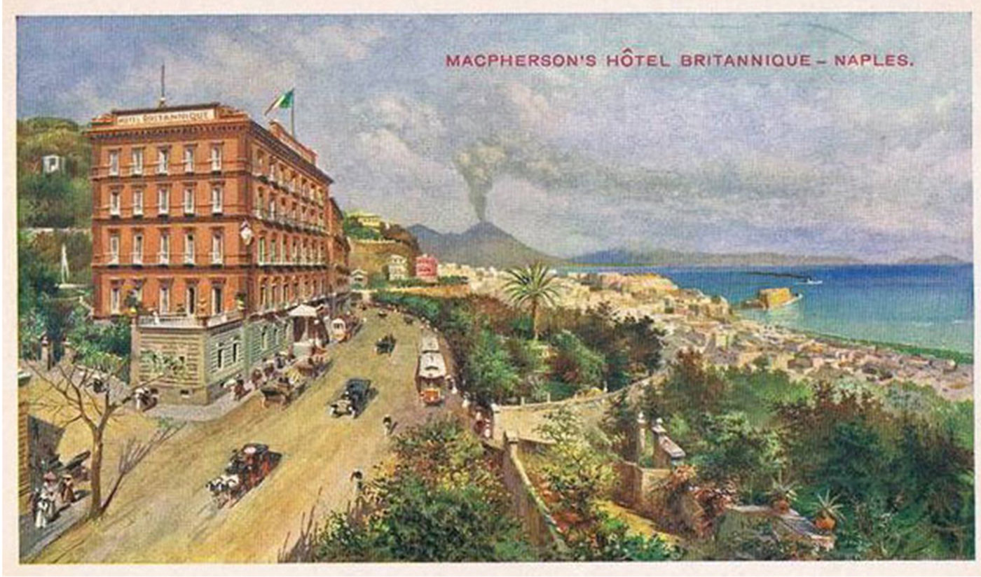L'Hotel Britannique di Napoli in un disegno su una cartolina d'epoca