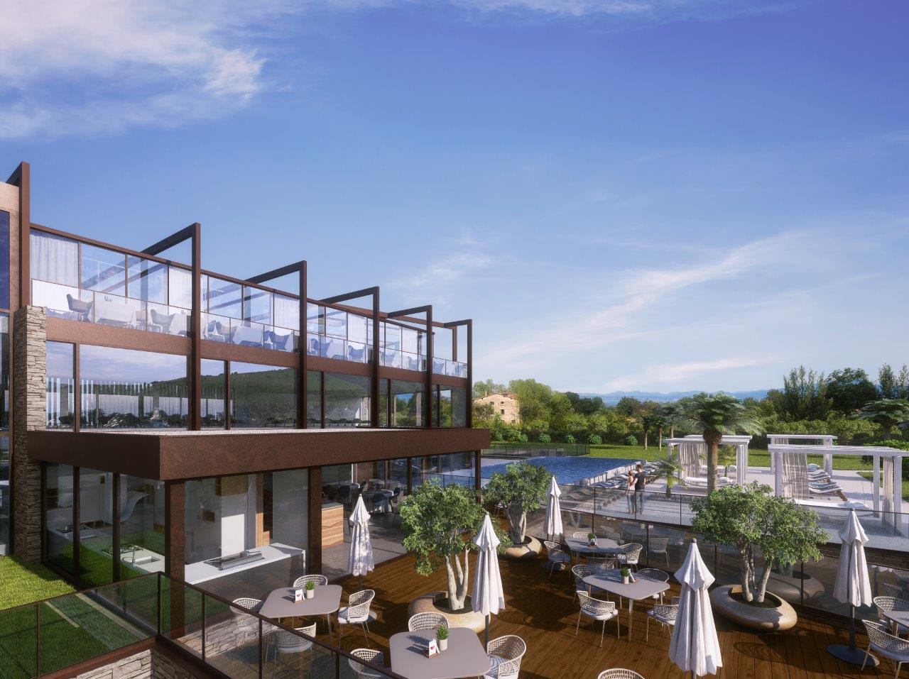 Un rendering del Quellenhof Luxury Resort Lazise (esterno con bar e piscina)