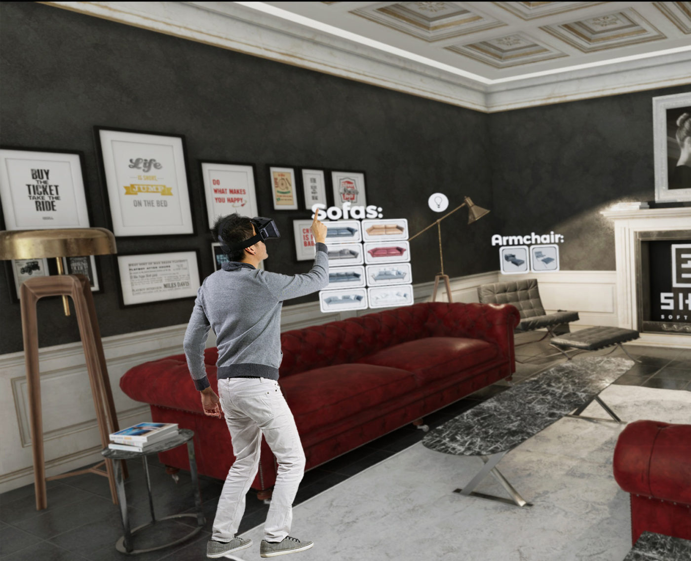 Progettazione di un'area soggiorno con SHOWin3D : un uomo con il visore sceglie virtualmente un divano