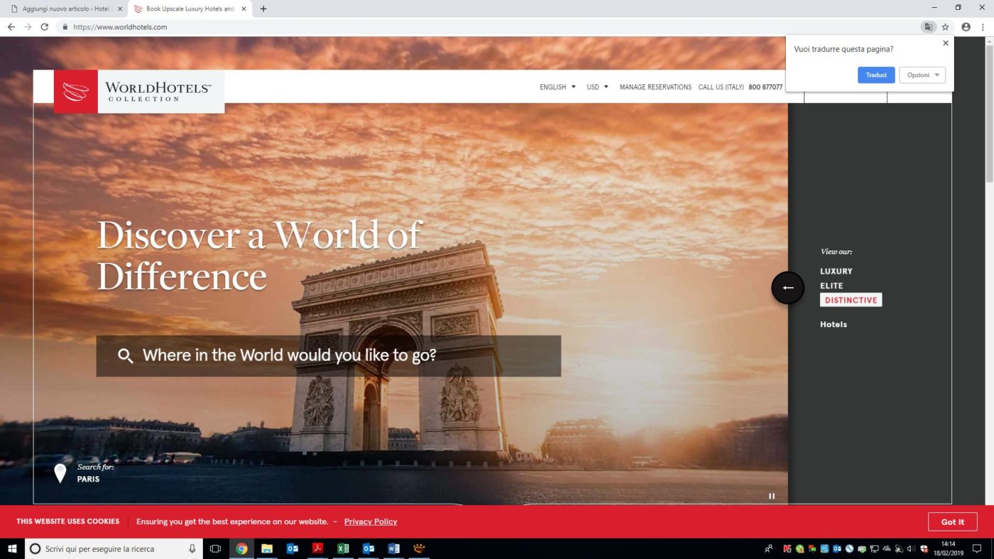 l'home page del sito di World Hotels