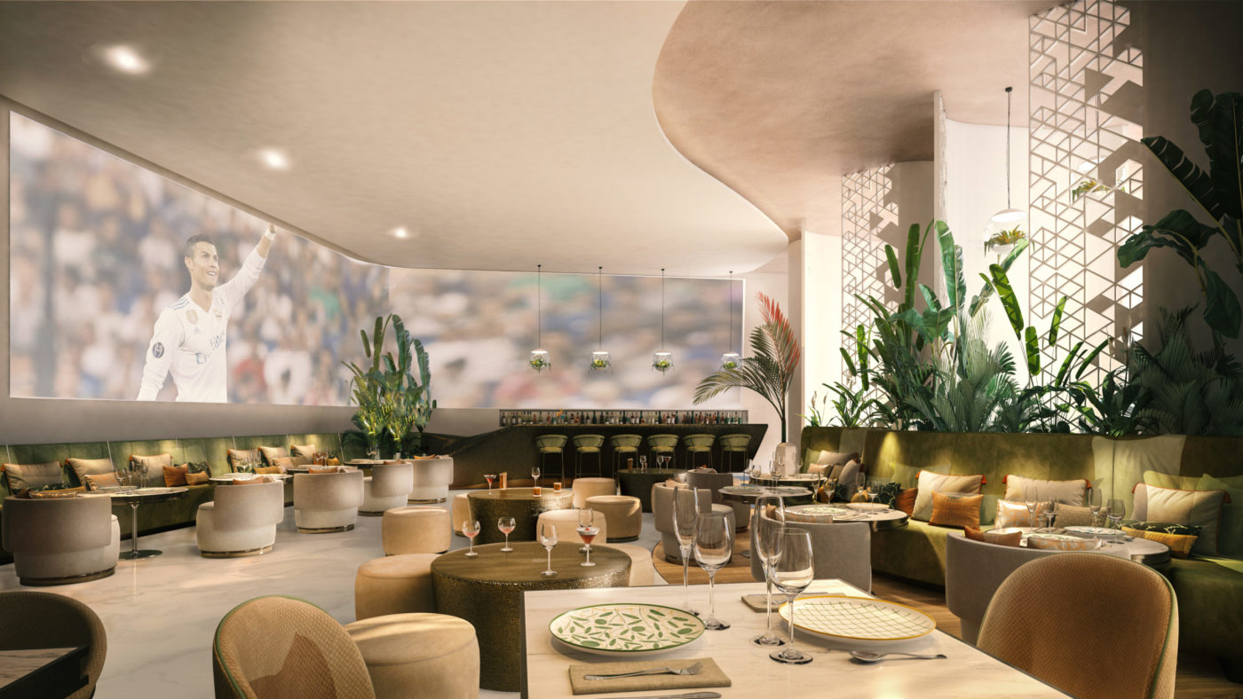 Un rendering del ristorante nel nuovo hotel di Cristiano Ronaldo